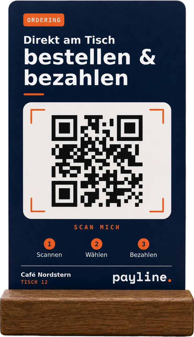 Tischaufsteller mit QR Code zum Bestellen und Bezahlen am Tisch.