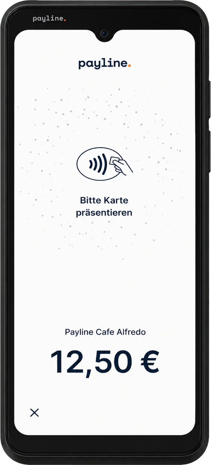 Sunmi Kartenterminal mit Payline: 12,50 € bezahlen, bitte Karte präsentieren. Beispielansicht.